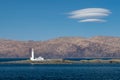 Eilean Musdile lighthouse in Scotland, with highland scenery in the background