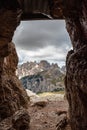 View through an old embrasure in an alpine fortress of the World War I, marking the former Austro-Italian frontier in the Dolomite