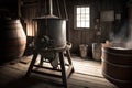 view of an old-fashioned evaporator, with buckets and spouts for collecting the sweet sap