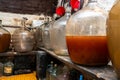View of old fashioned wine cellar with glass storage for wine during fermentation process Royalty Free Stock Photo