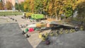 View of an old fighter jet, a training model of a military aircraft on the square