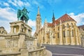 View on the Old Fisherman Bastion in Budapest. Statue Saint Istvan