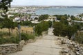 View from old Great Mithridates Staircase with repair works and fotografer on Kerch city and sea port Royalty Free Stock Photo