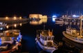 View of old harbour of Heraklion with Venetian Koules Fortress at the night. Crete, Greece. Heraklion by night. Royalty Free Stock Photo