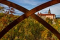 View of the old historic Ksiaz Castle, autumn panorama overlooking the Ksiaz Castle Walbrzych