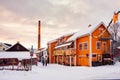 View of old historical buildings in the center of Lillehammer, Norway during a snowy winter Royalty Free Stock Photo