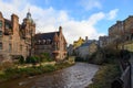 View on old houses in Dean village in New Town part of Edinburgh city, capital of Scotland, in sunny winter day Royalty Free Stock Photo