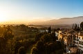 View of old italian town Asolo at sunset from hill with ancient buildings Royalty Free Stock Photo