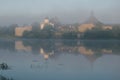 Old Ladoga fortress in the morning June mist. Staraya Ladoga Royalty Free Stock Photo