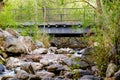 View of an old metal bridge over the river with stones in Farmington Utah Royalty Free Stock Photo