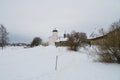 View of the old Orthodox churches inside the Staraya Ladoga fortress in Russia. Royalty Free Stock Photo