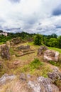 View on old park with stone buildings Royalty Free Stock Photo