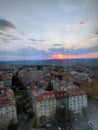 View of the Old part of Prague from the glass tower - with reflections.