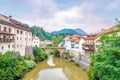 View at the Old part of Skofja Loka with Cappuchin bridge over Selca Sora river - Slovenia