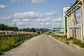 View of old power plant with big concrete furnaces . Fallen chemical communist industry