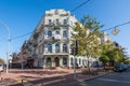 View of the old residential building at the intersection of Velyka Zhytomyrska and Volodymyrska streets in Kyiv, Ukraine