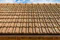 View of old roof textures against blue sky.