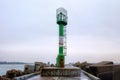 View of the old rusted metal lighthouse on the Vistula Spit on the Baltic Sea. Russia Royalty Free Stock Photo