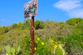 View of an old sign with graffiti on a hillside with yellow flowers and lush green leaves