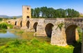 View of old stone bridge over Ebro. Frias Royalty Free Stock Photo