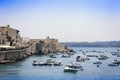 View of old street, facades of ancient buildings in seafront of Ortygia Ortigia Island, Syracuse, Sicily, Italy