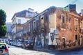 View of old street, facades of ancient buildings in seafront of Ortygia Ortigia Island, Syracuse, Sicily, Italy