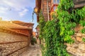 View of the old streets and homes in balkan style, the Old Town of Nesebar, in Burgas Province on the Black Sea coast of Bulgaria Royalty Free Stock Photo