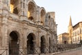 View on old streets and Roman Arena in ancient french town Arles, touristic destination with Roman ruines, Bouches-du-Rhone, Royalty Free Stock Photo