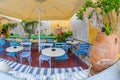 View of the old-style, restaurant in the Oia village on Santorini in Greece Royalty Free Stock Photo