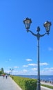 View on street lamp on the quay promenade of river Volga in the city Samara