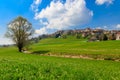 View of old Swiss town Romont, built on rock prominence, in Freibourg canton, Switzerland Royalty Free Stock Photo