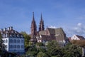 View of the Old Town of Basel with red stone Munster cathedral and the Rhine river Royalty Free Stock Photo