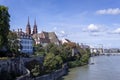 View of the Old Town of Basel with red stone Munster cathedral and the Rhine river Royalty Free Stock Photo