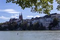 View of the Old Town of Basel with red stone Munster cathedral and the Rhine river Royalty Free Stock Photo