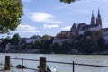 View of the Old Town of Basel with red stone Munster cathedral and the Rhine river Royalty Free Stock Photo