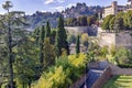 View of the old town Bergamo with an old castle in northern Italy on the background of the Alpine mountains. Royalty Free Stock Photo
