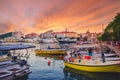 View of old town in Budva and port at sunset, Montenegro