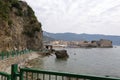 View of the old town of Budva from the side of the beach Mogren, Montenegro Royalty Free Stock Photo