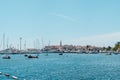 View of old town Budva with yachts and boats, Montenegro. The resort city located in Budva Riviera of Adriatic Sea. High Royalty Free Stock Photo