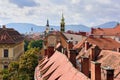 View of the old town center of Graz from the staircase of Castle Schlossberg Hill