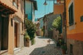 view of old town in Europe, small bright contrasting houses in a medieval village