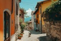 view of old town in Europe, small bright contrasting houses in a medieval village