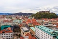 View of old town and the medieval Ljubljana castle on top of a forest hill in Ljubljana, Slovenia Royalty Free Stock Photo