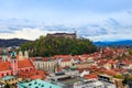 View of old town and the medieval Ljubljana castle on top of a forest hill in Ljubljana, Slovenia Royalty Free Stock Photo