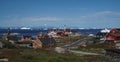 view of the old town and the sea with the icebergs, Ilulissat, Greenland