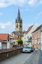 view of the old town of romanian city sibiu above which stands majestic tower of the cathedral of saint mary....IMAGE