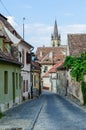 view of the old town of romanian city sibiu above which stands majestic tower of the cathedral of saint mary....IMAGE