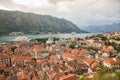 View of old town roofs in a Bay of Kotor from Lovcen mountain in Royalty Free Stock Photo