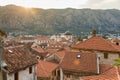 View of old town roofs in a Bay of Kotor from Lovcen mountain in Royalty Free Stock Photo