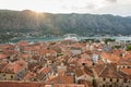 View of old town roofs in a Bay of Kotor from Lovcen mountain in Royalty Free Stock Photo